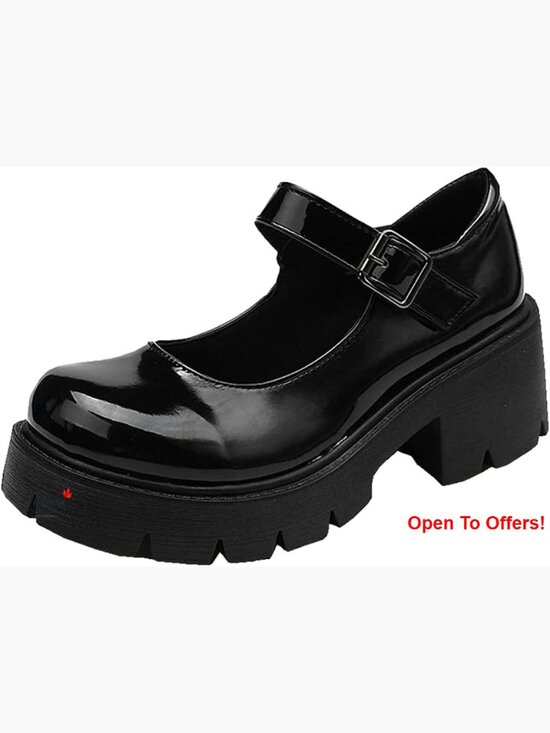 Shoes - PU Leather Platform Mary Jane Heels with Elastic T-Strap